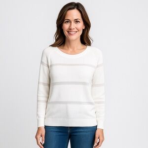 DKNY Cream and Sheer Mesh Striped Sweater Size Medium